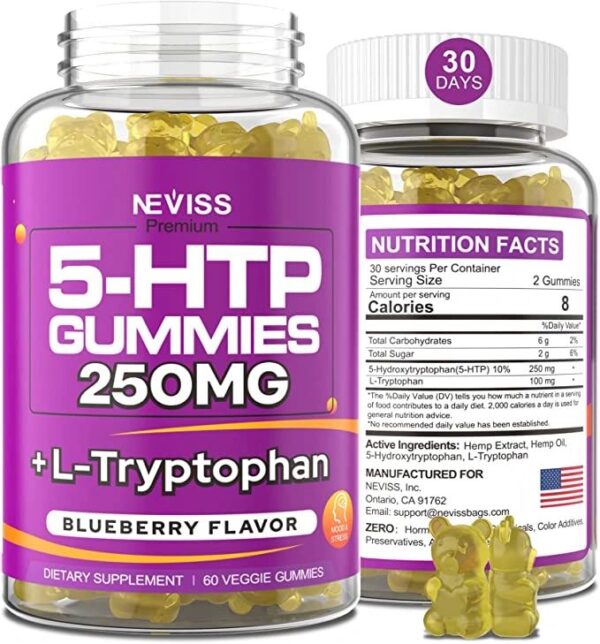 Melatonin Free 5-HTP Gummies 250mg Per Serving Plus 100mg L-Tryptophan – 5-HTP Supplement Gummies for Stress Relief, Positive Mood & Natural Zzzs | Non-Habit Forming, High Strength, 60 Counts