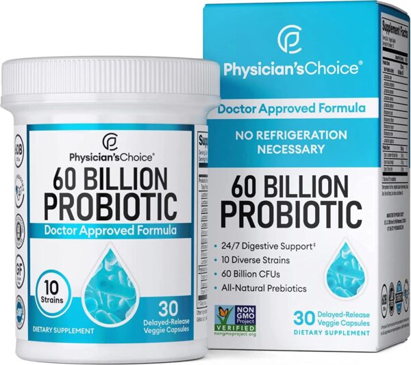 Physician’s CHOICE Probiotics 60 Billion CFU – 10 Strains + Organic Prebiotics – Digestive & Gut Health – Supports Occasional Constipation, Diarrhea, Gas & Bloating – Probiotics For Women & Men – 30ct