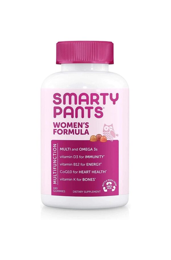 SmartyPants Women’s Formula Gummy Vitamins: Gluten Free, Multivitamin, CoQ10, Folate (Methylfolate), Vitamin K2, Vitamin D3, Biotin, B12, Omega 3 DHA/EPA Fish Oil, 180 count (30 Day Supply)
