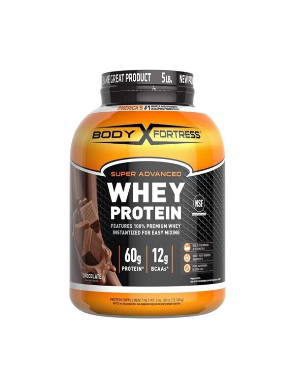 Body Fortress Whey Protein Powder, 60g Protein and 12g BCAA’s (per 2 scoops), Chocolate, 5 Lb.
