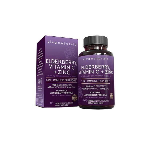 Viva Naturals Elderberry, Vitamin C, Zinc, Vitamin D3 5000 IU & Ginger – Antioxidant & Immune Support Supplement, 2 Month Supply (120 Capsules) – 5 in 1 Daily Immune Support for Adults