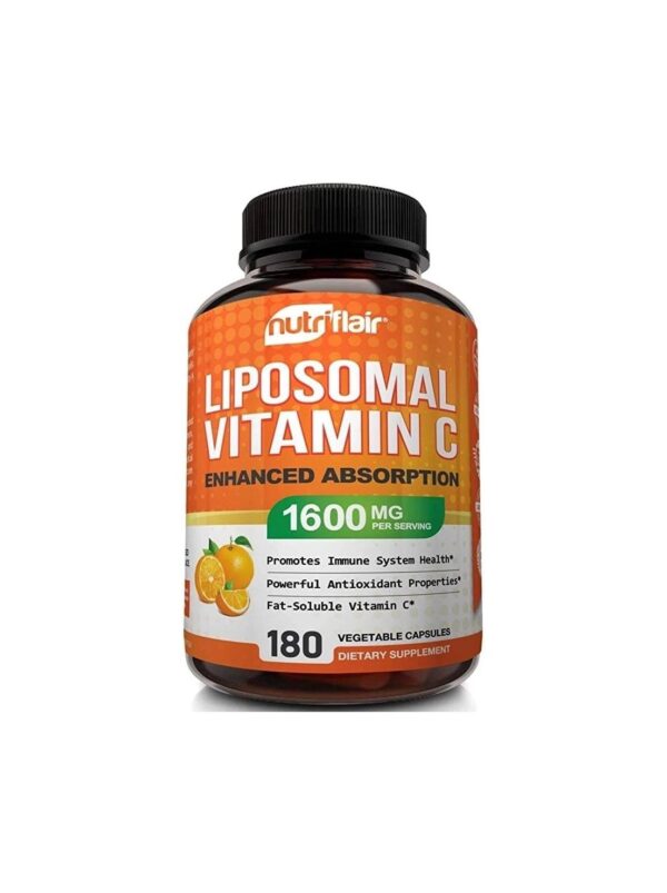 NutriFlair Liposomal Vitamin C 1600mg, 180 Capsules – High Absorption, Fat Soluble VIT C, Antioxidant Supplement, Higher Bioavailability Immune System Support & Collagen Booster, Non-GMO, Vegan Pills