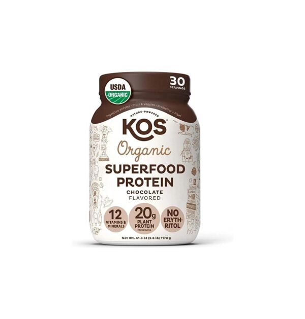KOS Vegan Protein Powder Erythritol Free, Chocolate – Organic Pea Protein Blend, Plant Based Superfood Rich in Vitamins & Minerals – Keto, Dairy Free – Meal Replacement for Women & Men, 30 Servings