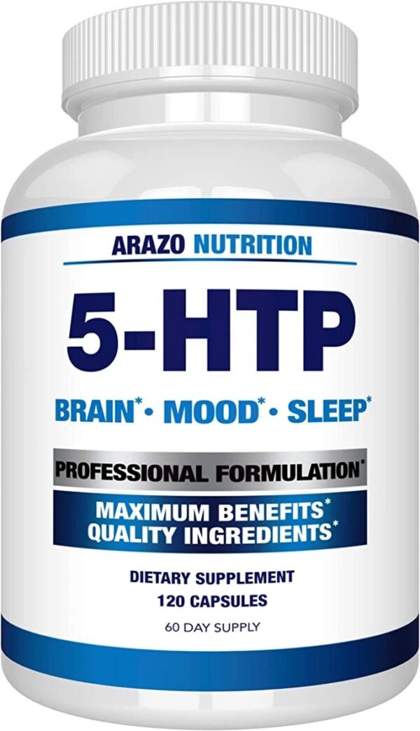 Arazo Nutrition 5-HTP 200mg Plus Calcium for Mood, Sleep ? Supports Calm and Relaxed Mood ? 99% High Purity ? 120 Capsules