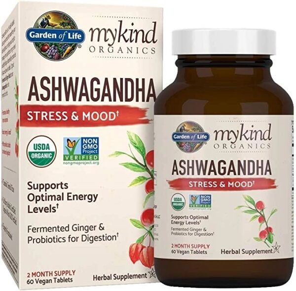 Garden of Life Organic Ashwagandha Stress, Mood & Energy Support Supplement with Probiotics & Ginger Root for Digestion – mykind Organics – Vegan, Gluten Free, Non GMO ? 2 Month Supply, 60 Tablets