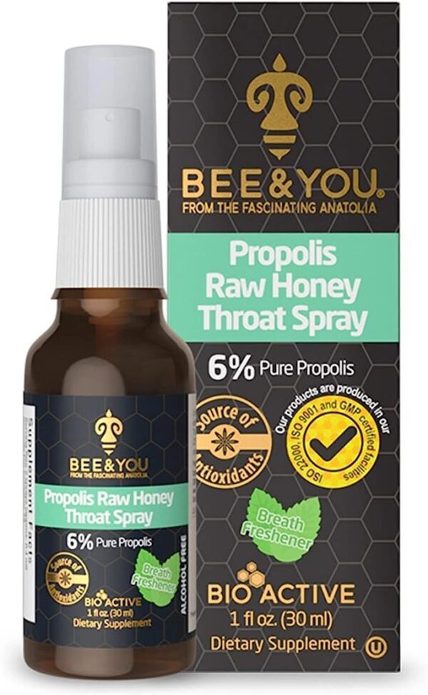 Bee and You Propolis Raw Honey Throat Spray – Natural Immune Support & SoreThroat Relief Antioxidants, Keto, Paleo, Gluten-Free, 1 Fl Oz