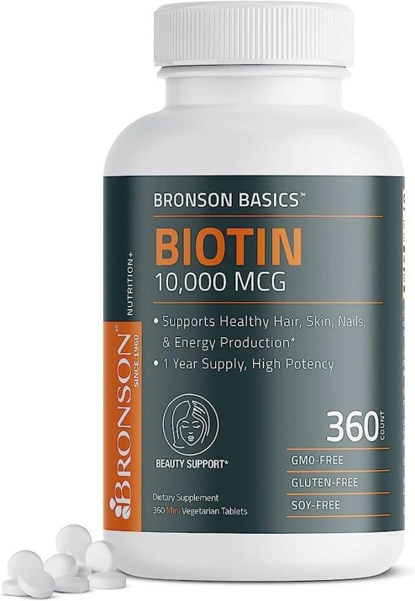 Bronson Biotin 10,000 MCG Supports Healthy Hair, Skin & Nails & Energy Production – High Potency Beauty Support – Non-GMO, 360 Vegetarian Tablets