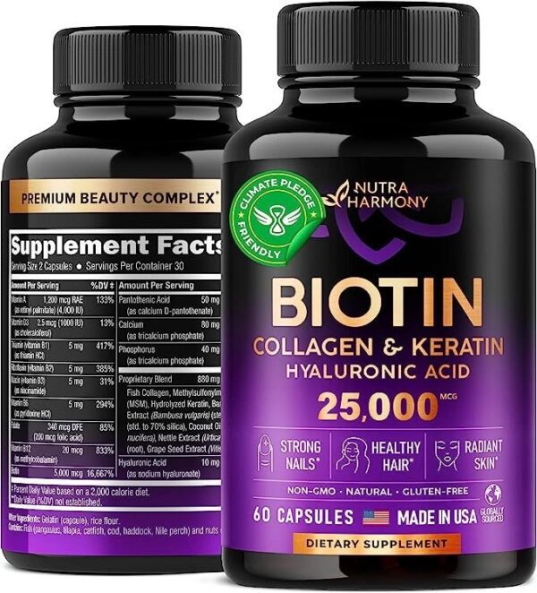 Biotin with Hyaluronic Acid, Collagen & Keratin – Hair Growth Vitamins – Supplement for Women, Men – 25000 mcg Pills – Made in USA – B1,B2,B3,B6,B7 – Nails & Skin – As Liquid, Drops, Oil – 60 Capsules