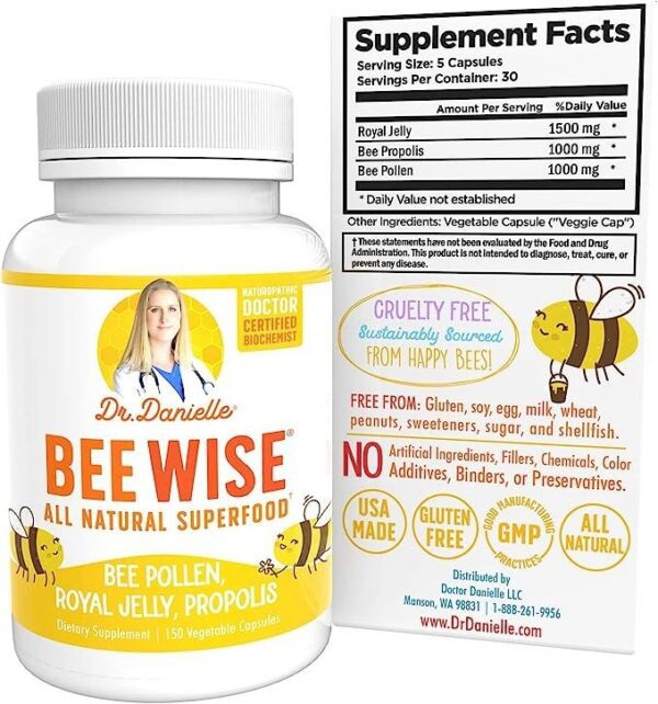 Dr. Danielle’s Bee Wise – Bee Pollen Supplement – Bee Well with Royal Jelly, Propolis, Beepollen in 4 Daily Bee Pollen Capsules