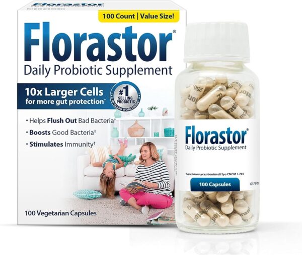 Florastor Daily Probiotic Supplement for Women and Men, Proven to Support Digestive Health, Saccharomyces Boulardii CNCM I-745 (100 Capsules)