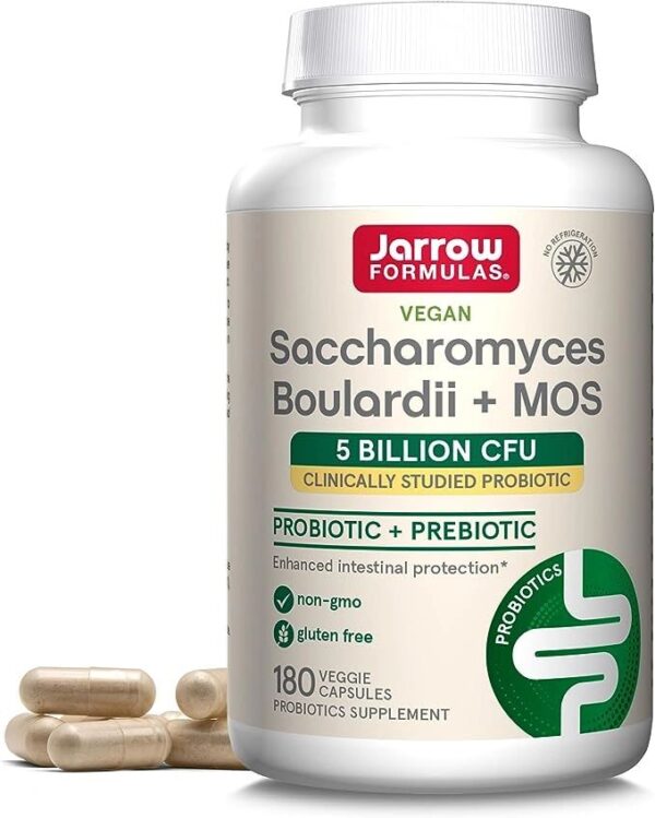 Jarrow Formulas Saccharomyces Boulardii + MOS 5 Billion CFU from One Clinically-Studied Probiotic Yeast *for Intestinal Health Support, 180 Veggie Capsules, 180 Day Supply
