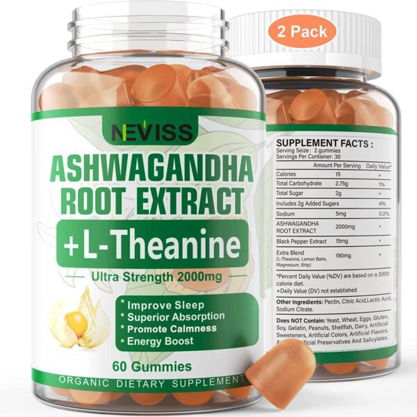 NEVISS Ashwagandha Gummies 2000mg, Feel Refreshed, Plus Proprietary Blend with 5-HTP, L-Theanine, Lemon Balm, Magnesium for Calm, Zzzs, Mood, Energy & Relaxation Support, 120 Count