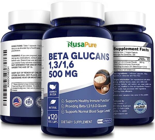 NusaPure Beta Glucans 500 mg | 120 Veggie Capsules | Beta 1,3, 1,6 D Glucan | Non-GMO, Gluten -Free, Vegan