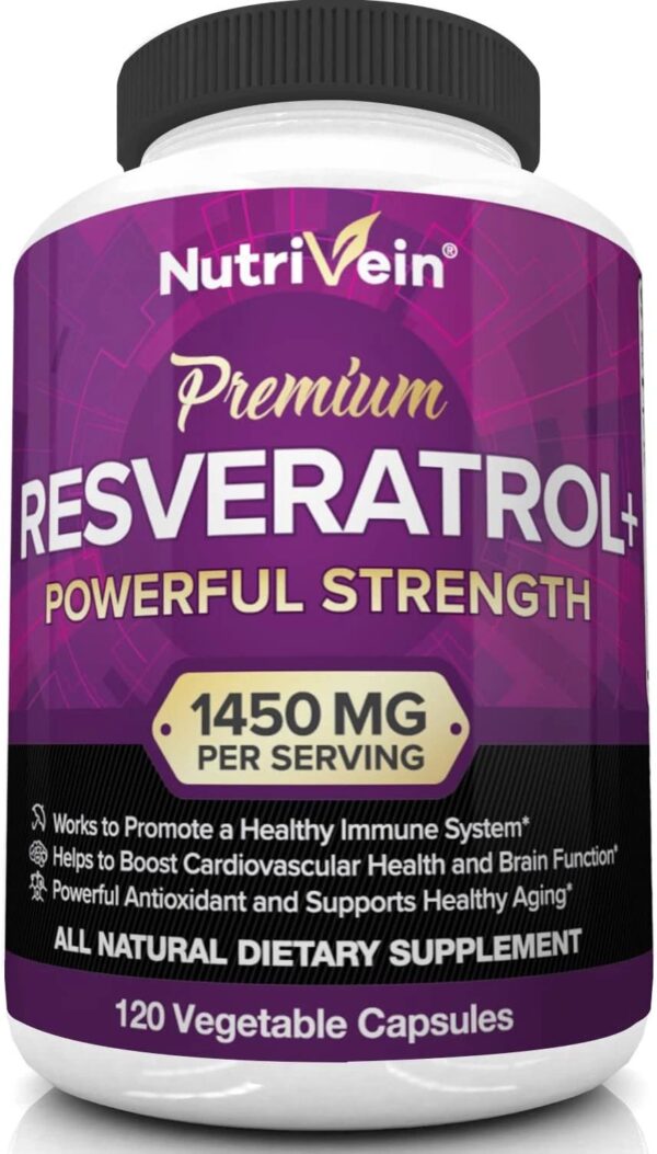 Nutrivein Resveratrol 1450mg – Antioxidant Supplement 120 Capsules ? Supports Healthy Aging and Promotes Immune, Brain Boost and Joint Support – Made with Trans-Resveratrol, Green Tea Leaf, Acai Berry