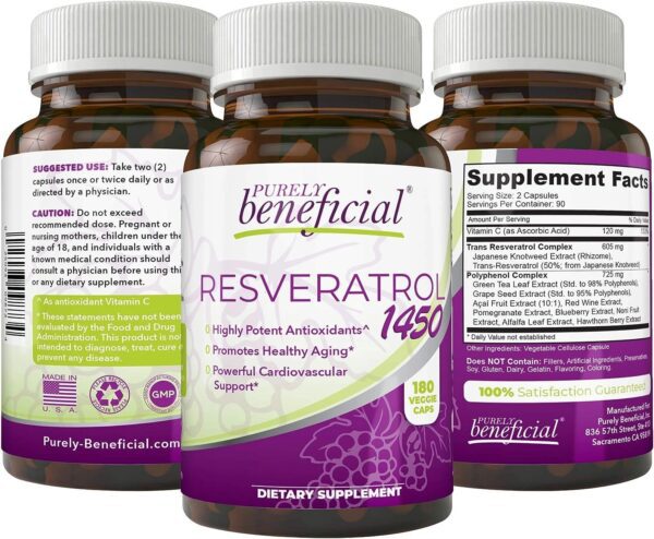PURELY beneficial RESVERATROL1450-90day Supply, 1450mg per Serving of Potent Antioxidants & Trans-Resveratrol, Promotes Anti-Aging, Cardiovascular Support, Maximum Benefits (1bottle)