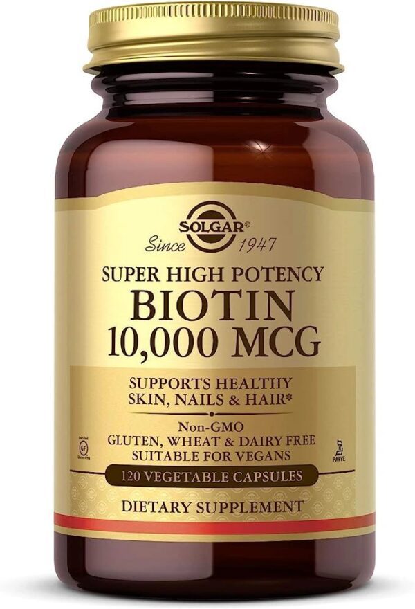 Solgar Biotin 10,000 mcg, 120 Vegetable Capsules – Energy, Metabolism, Promotes Healthy Skin, Nails & Hair – Super High Potency – Non-GMO, Vegan, Gluten, Dairy Free, Kosher – 120 Servings