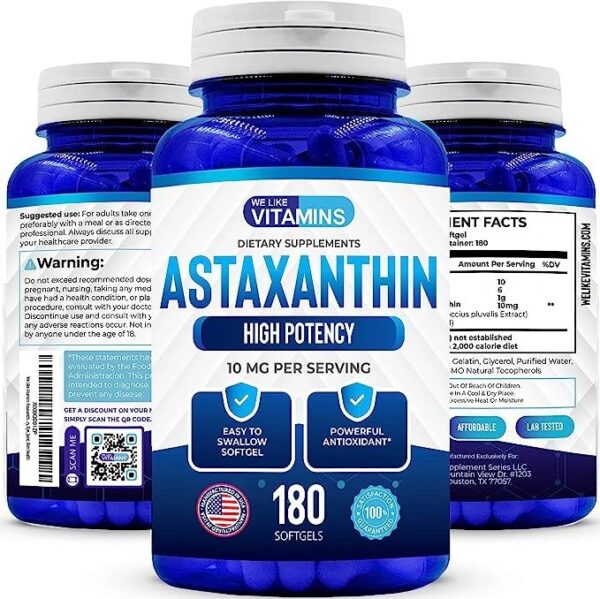 We Like Vitamins Astaxanthin 10mg Softgel – 180 Soft gels – Astaxanthin Supplement 6 Month Supply Antioxidant Helps Support Exercise Recovery, Eye, Joint, Skin Health