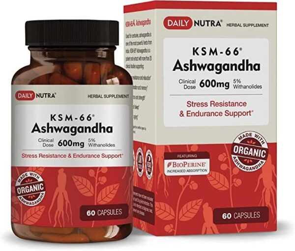 DailyNutra KSM-66 Ashwagandha 600mg Organic Root Extract – High Potency Supplement with 5% Withanolides | Stress Relief, Increased Energy and Focus (60 Capsules)