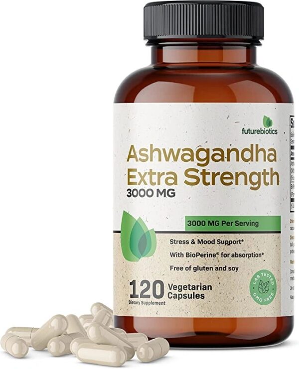 Futurebiotics Ashwagandha Capsules Extra Strength 3000mg – Stress Relief Formula, Natural Mood Support, Stress, Focus, and Energy Support Supplement, 120 Capsules
