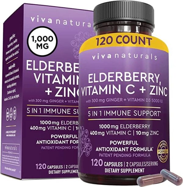 Viva Naturals Sambucus Elderberry with Zinc and Vitamin C for Adults, Vitamin D3 5000 IU and Ginger – Immune Support Supplement, 2 Months? Supply – Black Dried Elderberry Capsules for Adults