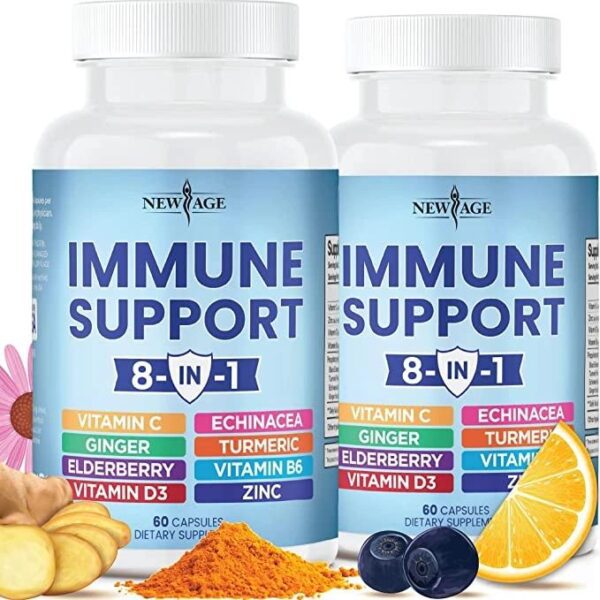 8 in 1 Immune Support Booster Supplement with Elderberry, Vitamin C and Zinc 50mg, Vitamin D 5000 IU, Turmeric Curcumin & Ginger, B6, Echinacea 120 Count (Pack of 2)
