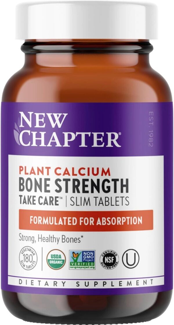 New Chapter Calcium Supplement – Bone Strength Organic Red Marine Algae Calcium – with Vitamin D3+K2 + Magnesium, 70+ Trace Minerals for Bone Health, Gluten Free, Easy to Swallow – 180 Slim Tablets