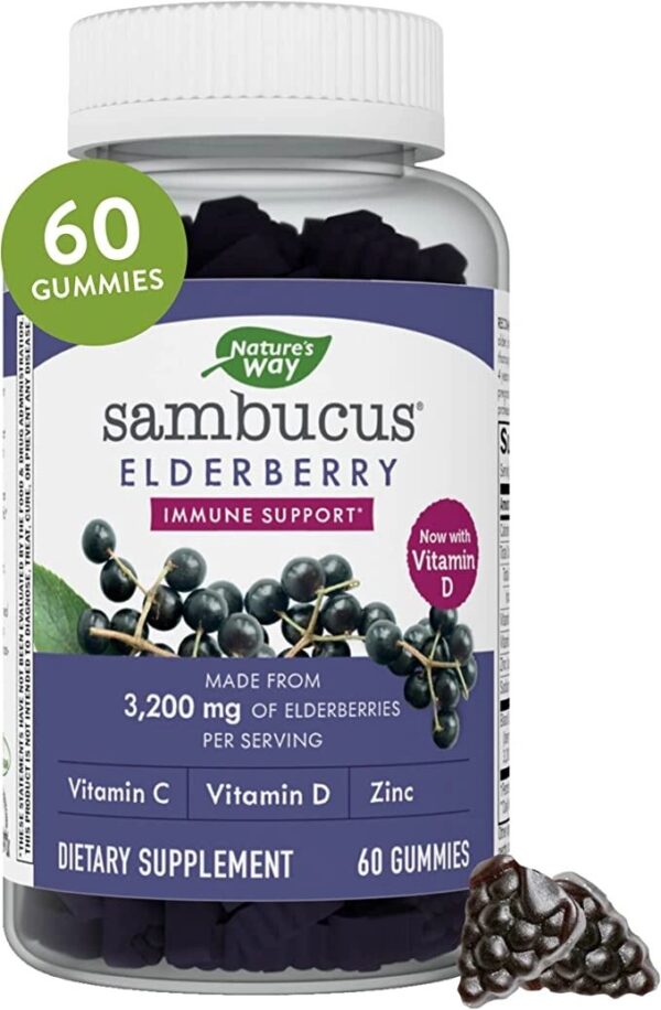 Nature’s Way Sambucus Elderberry Gummies, Immune Support Gummies*, Black Elderberry with Vitamin C, Vitamin D and Zinc, 60 Gummies